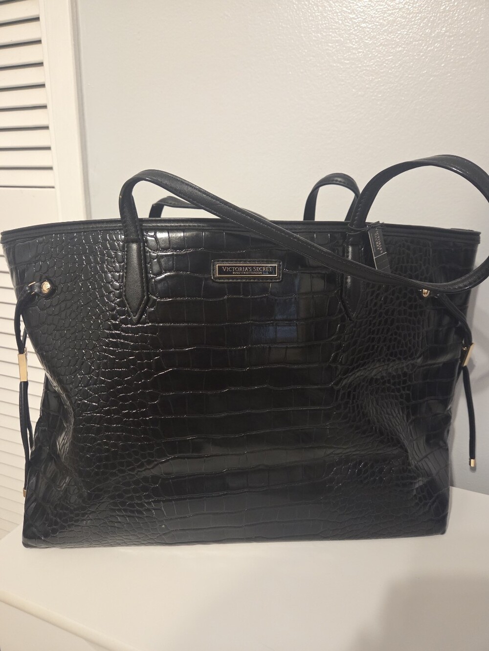 Victoria Secret Black Croc-Embossed Tote with Gold Accents